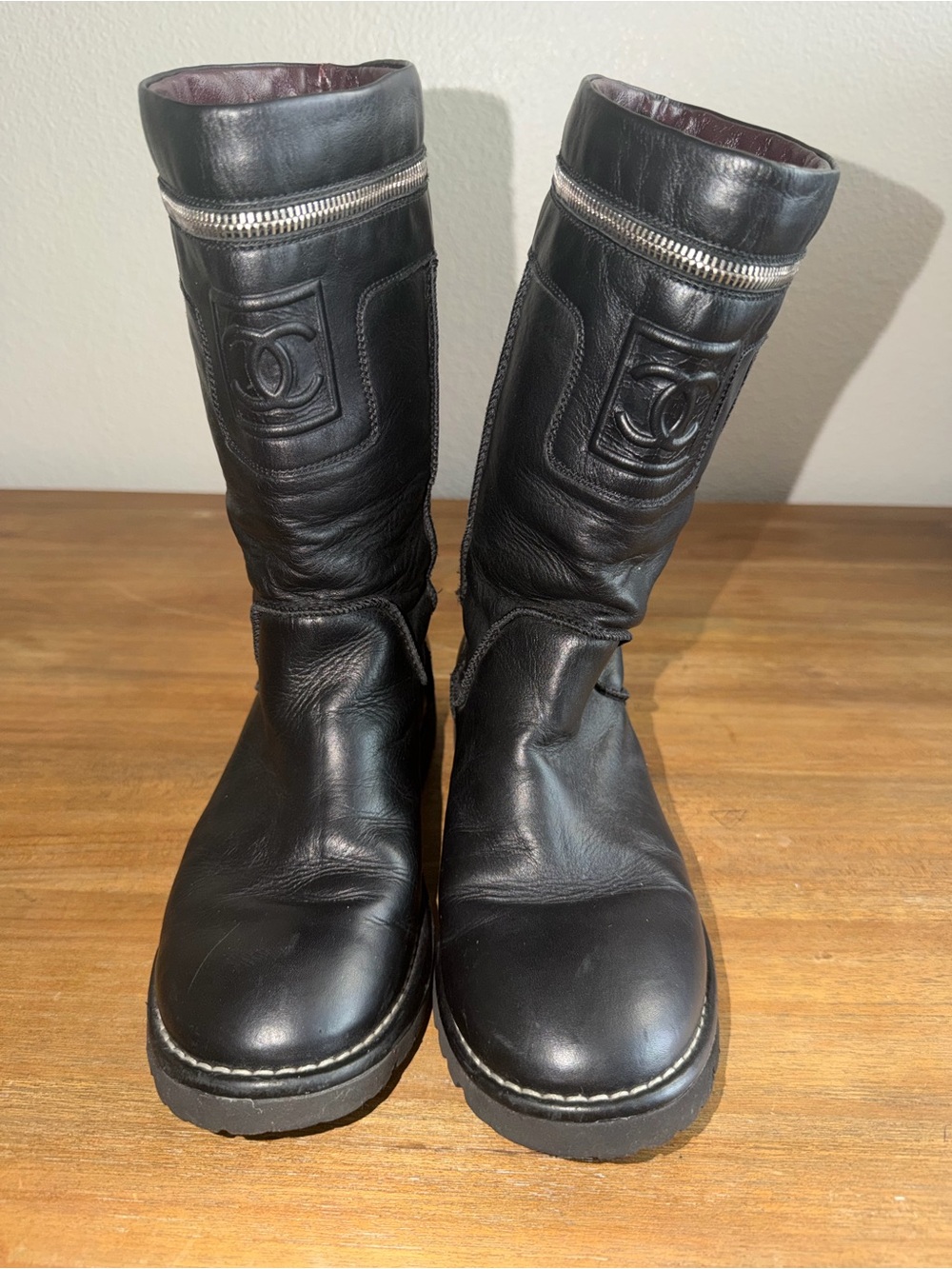 CHANEL Black Leather Combat Moto Boots with CC Logo